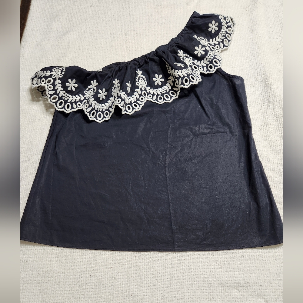Kate Spade Black Blouse with White| One Shoulder Cutwork Top Size XS